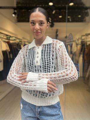 Dlvn Taş Düğmeli Triko-Ekru