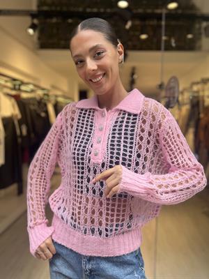 Dlvn Taş Düğmeli Triko-Pembe 