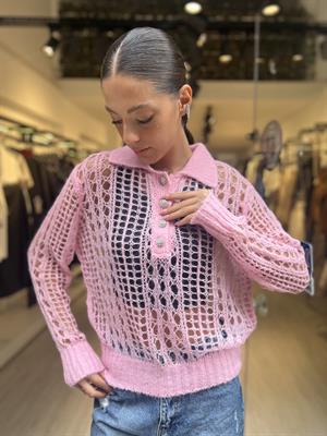 Dlvn Taş Düğmeli Triko-Pembe 