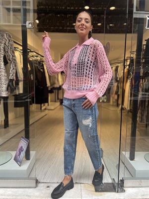 Dlvn Taş Düğmeli Triko-Pembe 