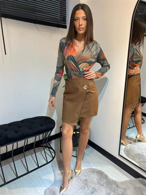 Düğmeli Deri Etek-Kahve