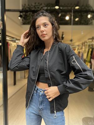 Düz Kısa Bomber-Siyah