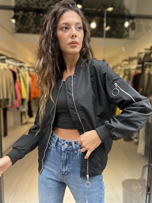 Düz Kısa Bomber-Siyah