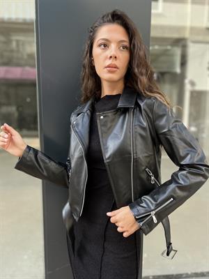 Fermuarlı Deri Ceket-Siyah