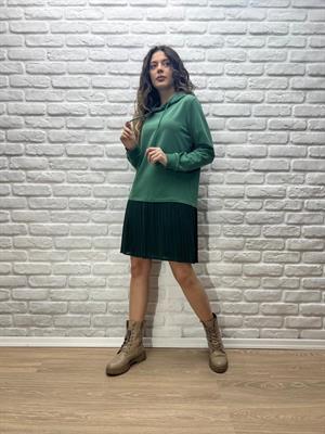 Kapşonlu Sweat Elbise-Yeşil