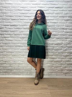Kapşonlu Sweat Elbise-Yeşil