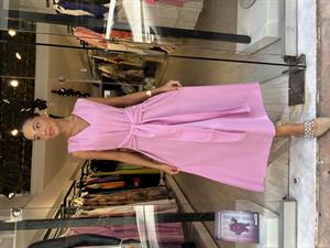 Önden Bağlamalı Keten Elbise-Pembe 