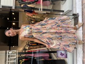 Parlak Desenli Askılı Elbise-camel