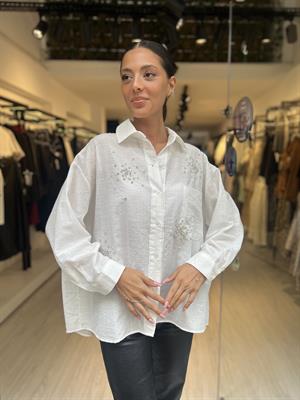 Prry Taşlı Owersize Gömlek-Beyaz