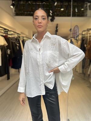 Prry Taşlı Owersize Gömlek-Beyaz