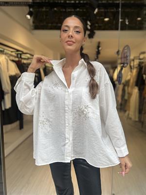 Prry Taşlı Owersize Gömlek-Beyaz
