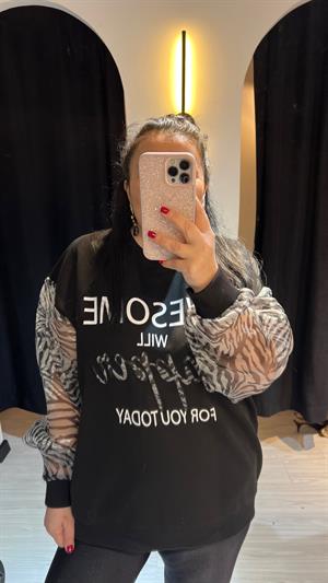 Q.Kol Leoparlı Sweat-Siyah