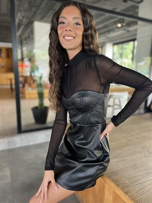 Q.Tüllü Deri Elbise-Siyah