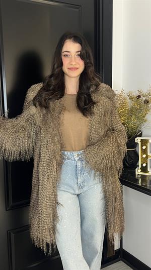 Rbn Püsküllü Kemerli Kürk-Kahve