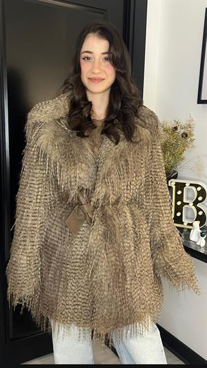 Rbn Püsküllü Kemerli Kürk-Kahve