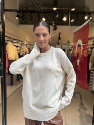 Taşlı Bisiklet Yaka Kazak-Krem