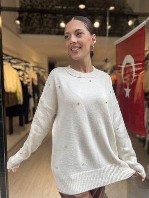 Taşlı Bisiklet Yaka Kazak-Krem