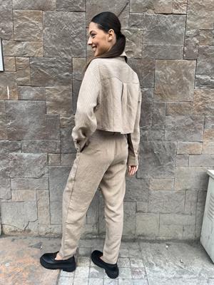 Tencel Takım Çizgili-Vizon 