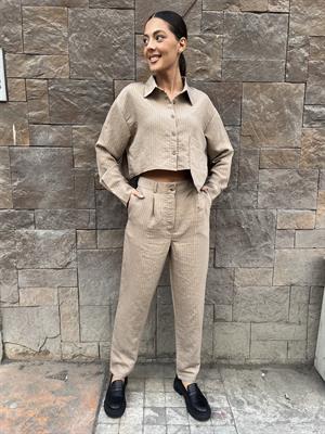 Tencel Takım Çizgili-Vizon 