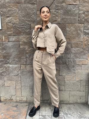 Tencel Takım Çizgili-Vizon 