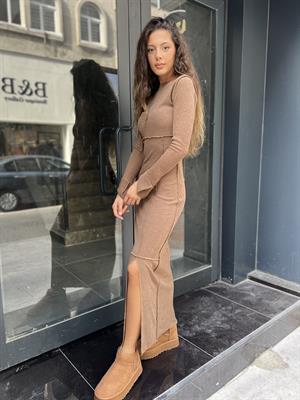 Ters Dikiş Triko Elbise-Kahve