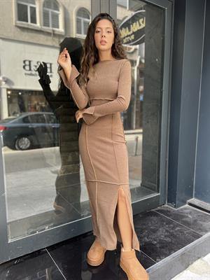 Ters Dikiş Triko Elbise-Kahve