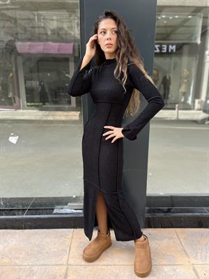 Ters Dikiş Triko Elbise-Siyah