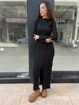 Ters Dikiş Triko Elbise-Siyah