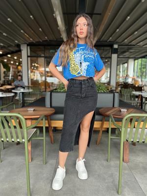 Yandan Yırtmaçlı Kot Etek-Siyah