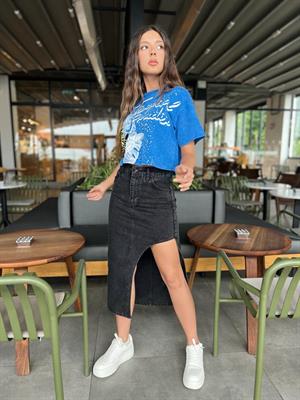 Yandan Yırtmaçlı Kot Etek-Siyah