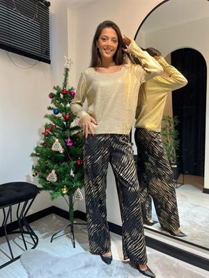 Zebra Bol Paça Saten Pantolon-Siyah
