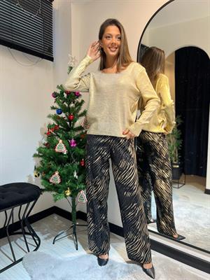 Zebra Bol Paça Saten Pantolon-Siyah