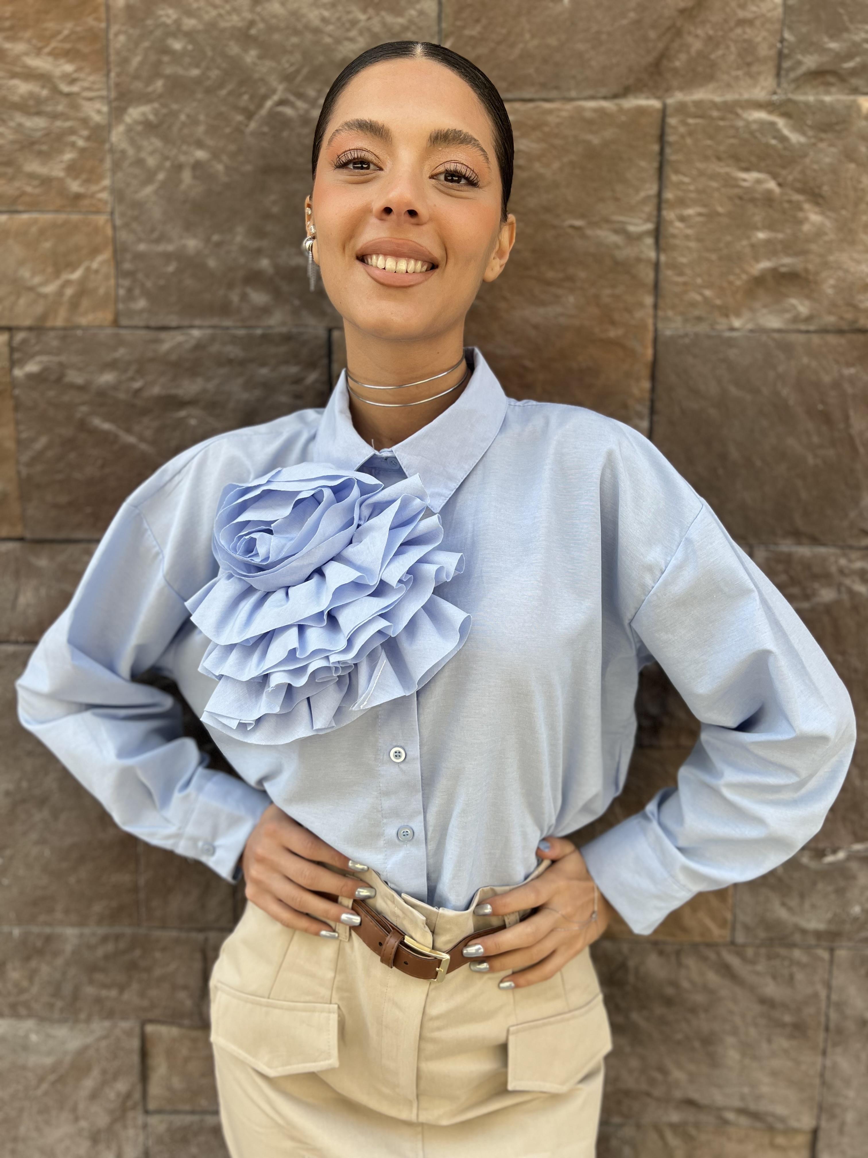 Bk Gül Detaylı Gömlek-Mavi 