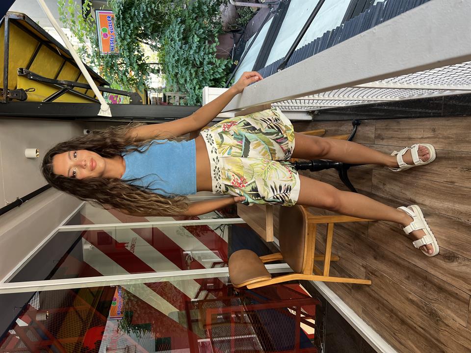 Desenli Keten Şort-Yeşil