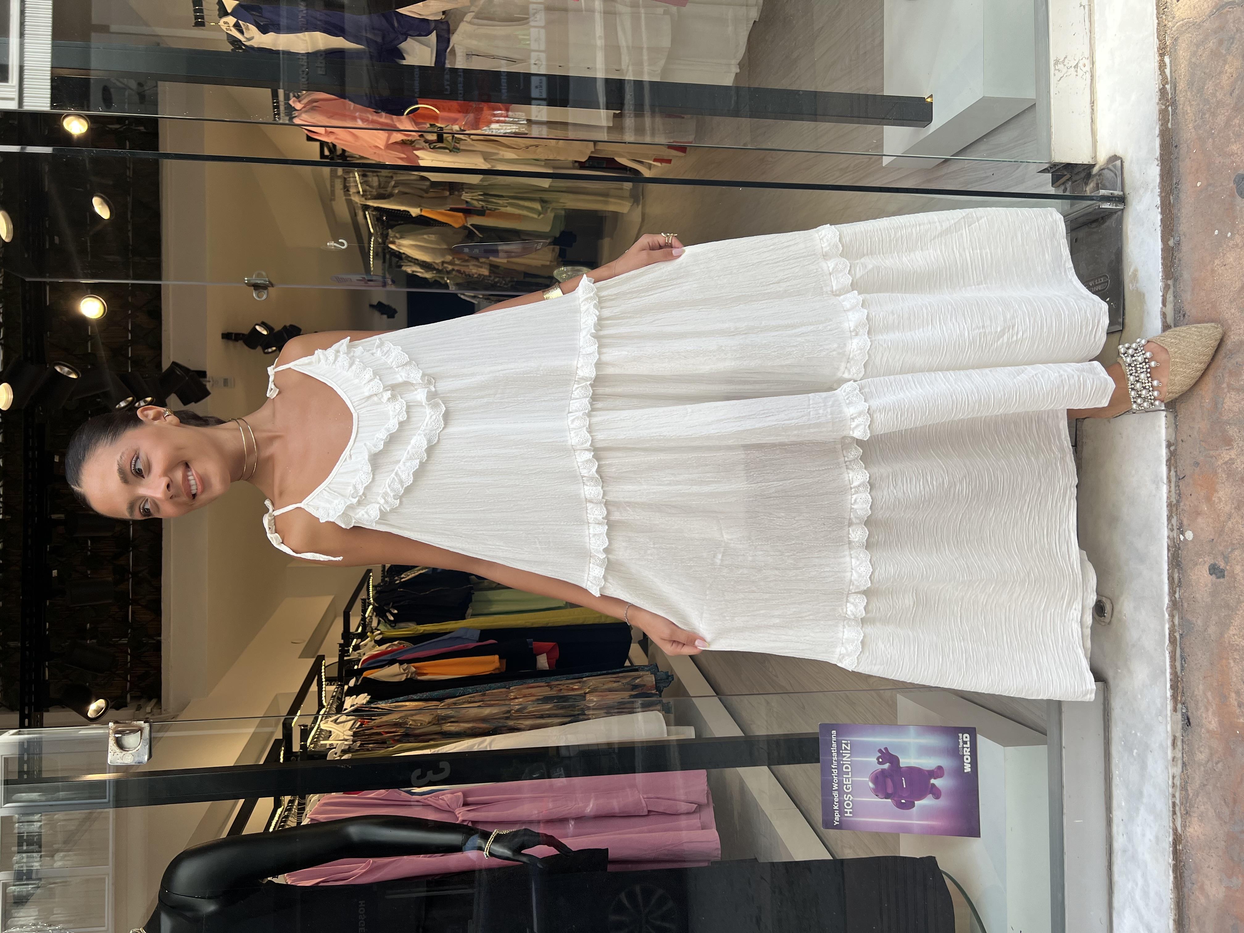 Die Askılı Fisto Elbise-Beyaz