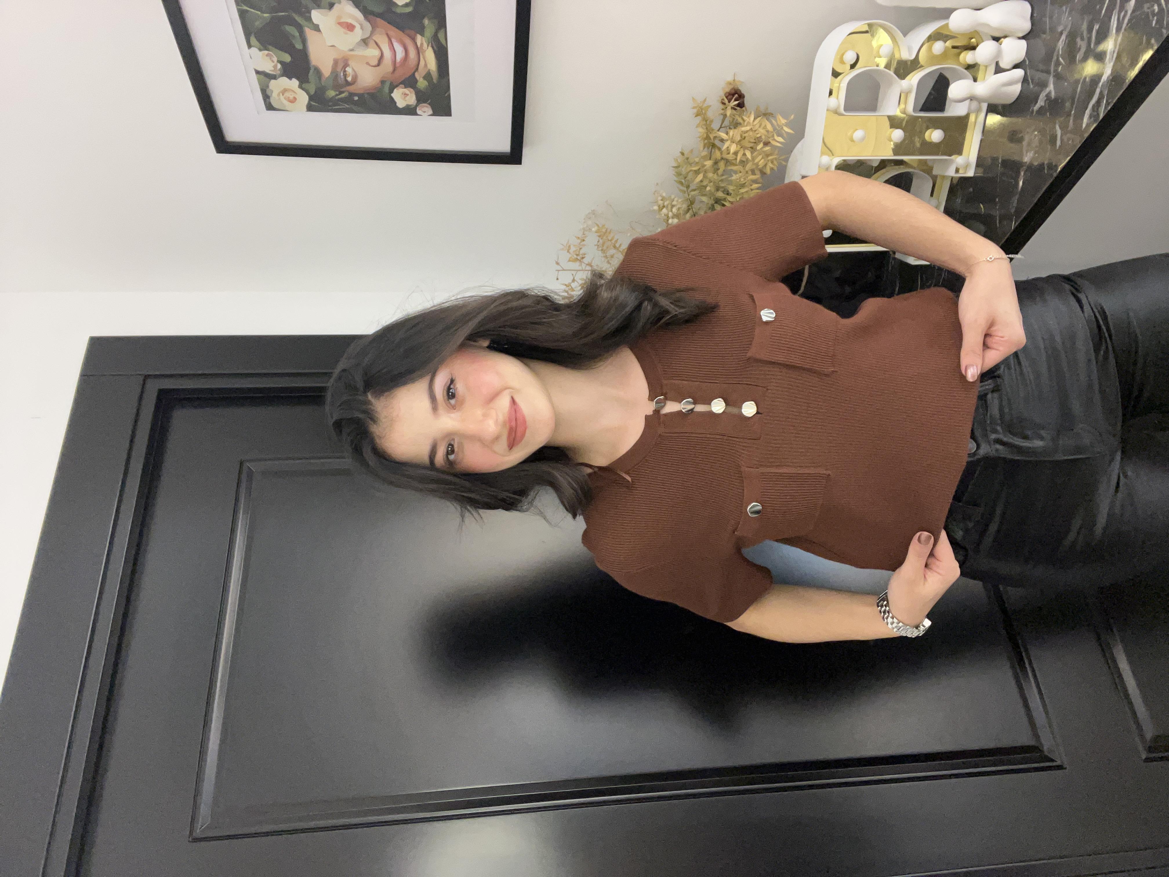 Dlvn Düğmeli Cepli Triko-Kahve