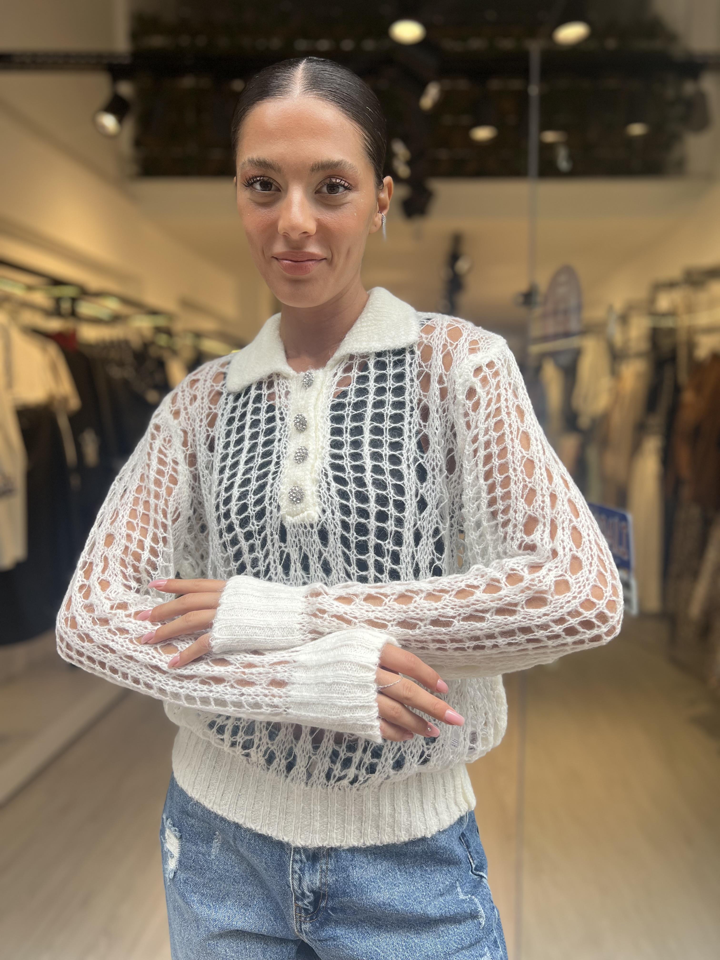 Dlvn Taş Düğmeli Triko-Ekru