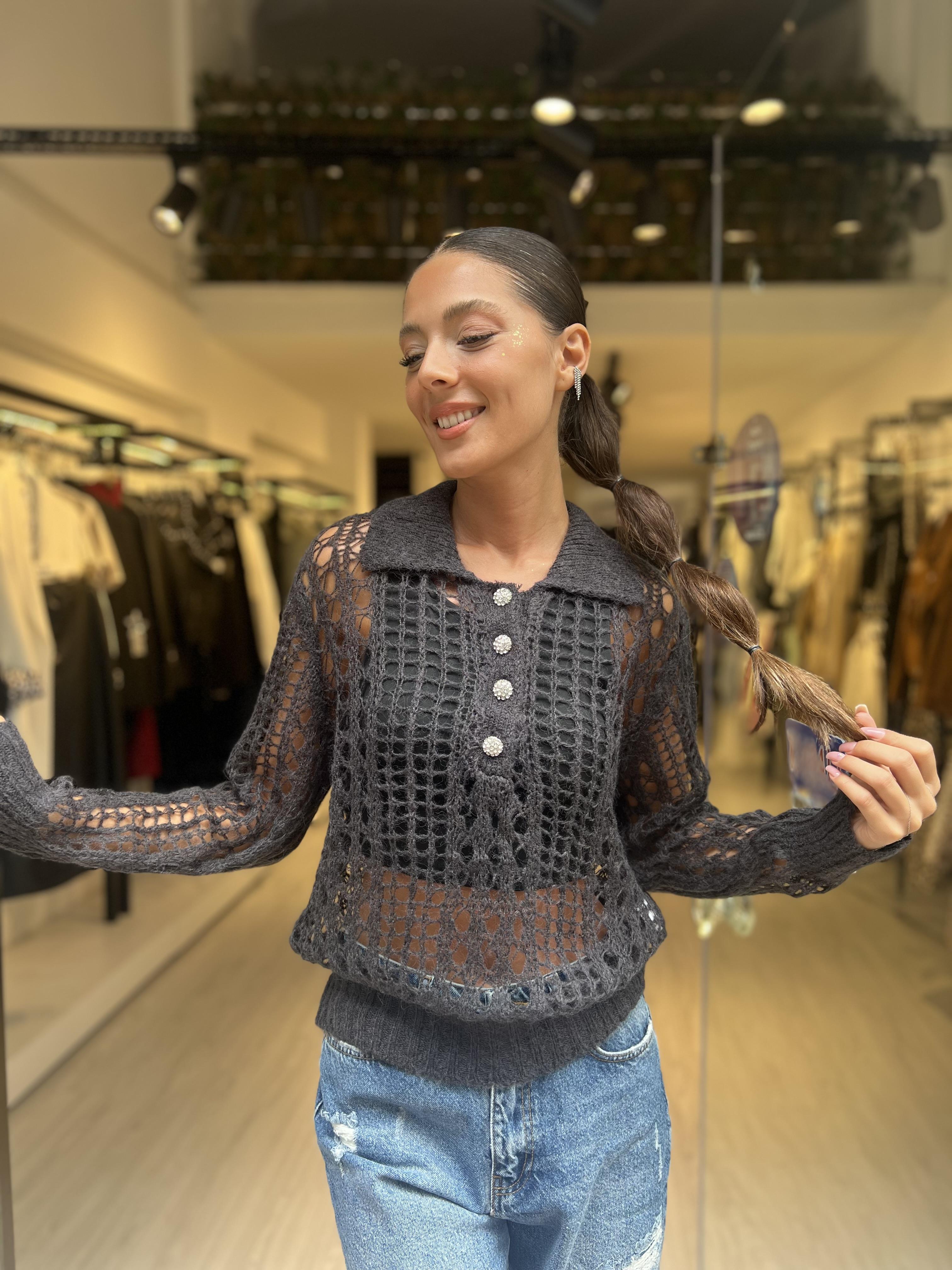 Dlvn Taş Düğmeli Triko-Gri