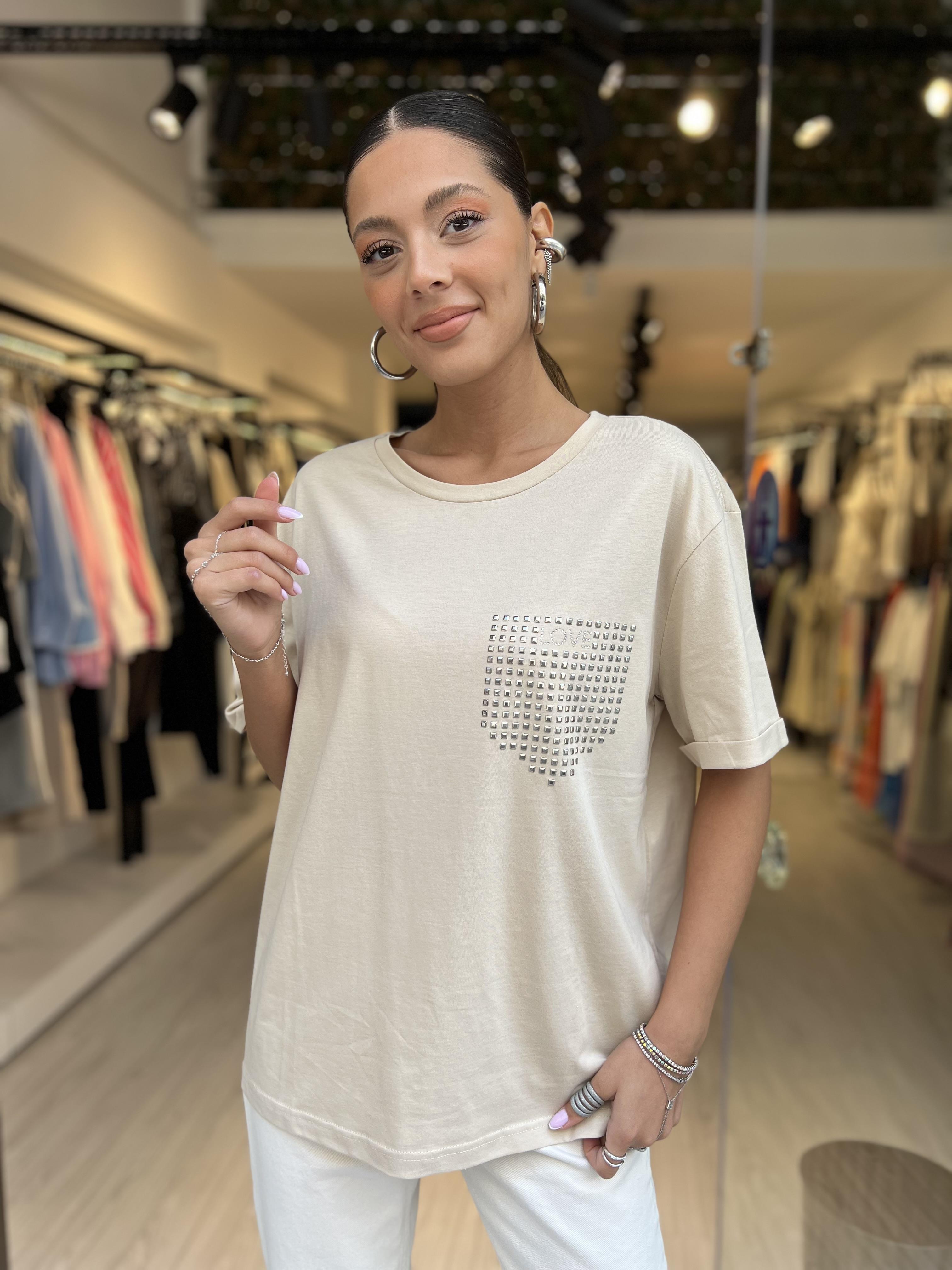 Dlvn Taşlı tişört-Bej