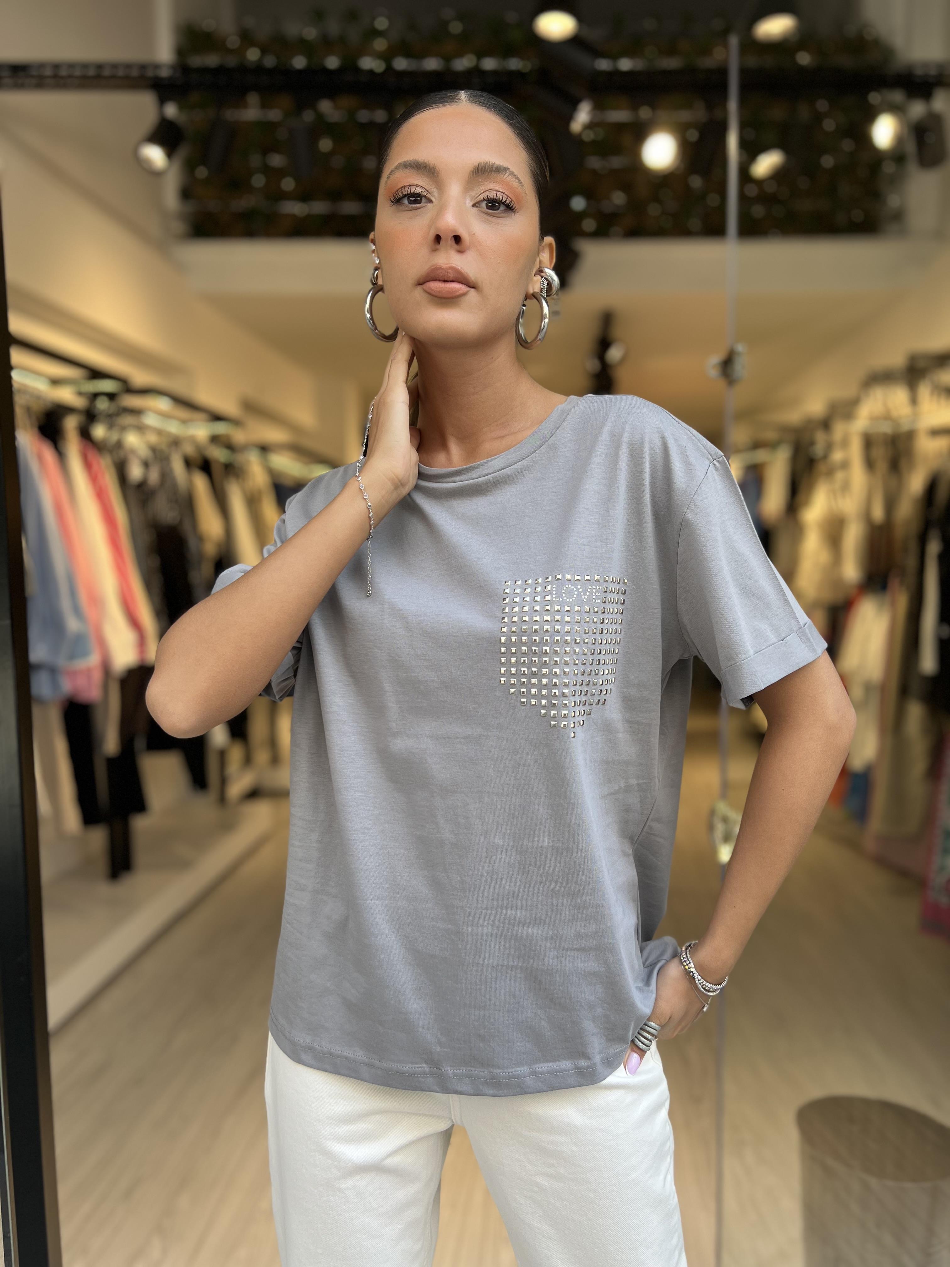 Dlvn Taşlı Tişört-Gri