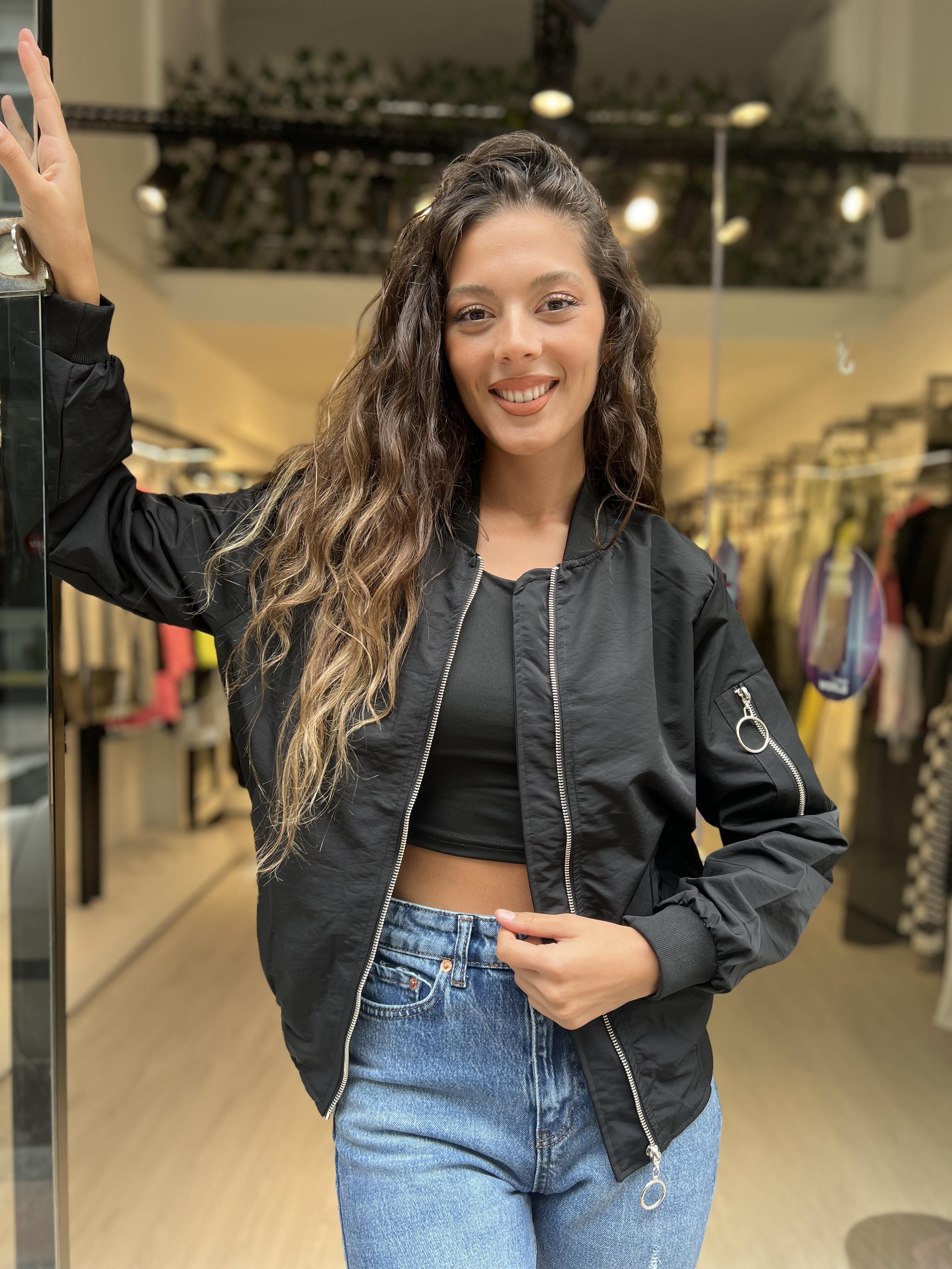 Düz Kısa Bomber-Siyah