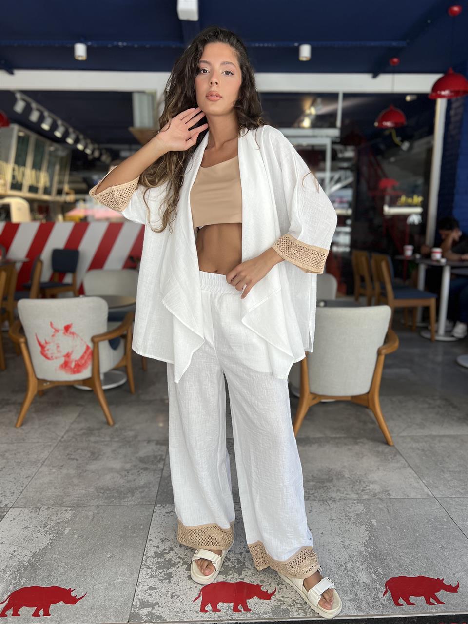 Fileli Kimono Takım -Beyaz