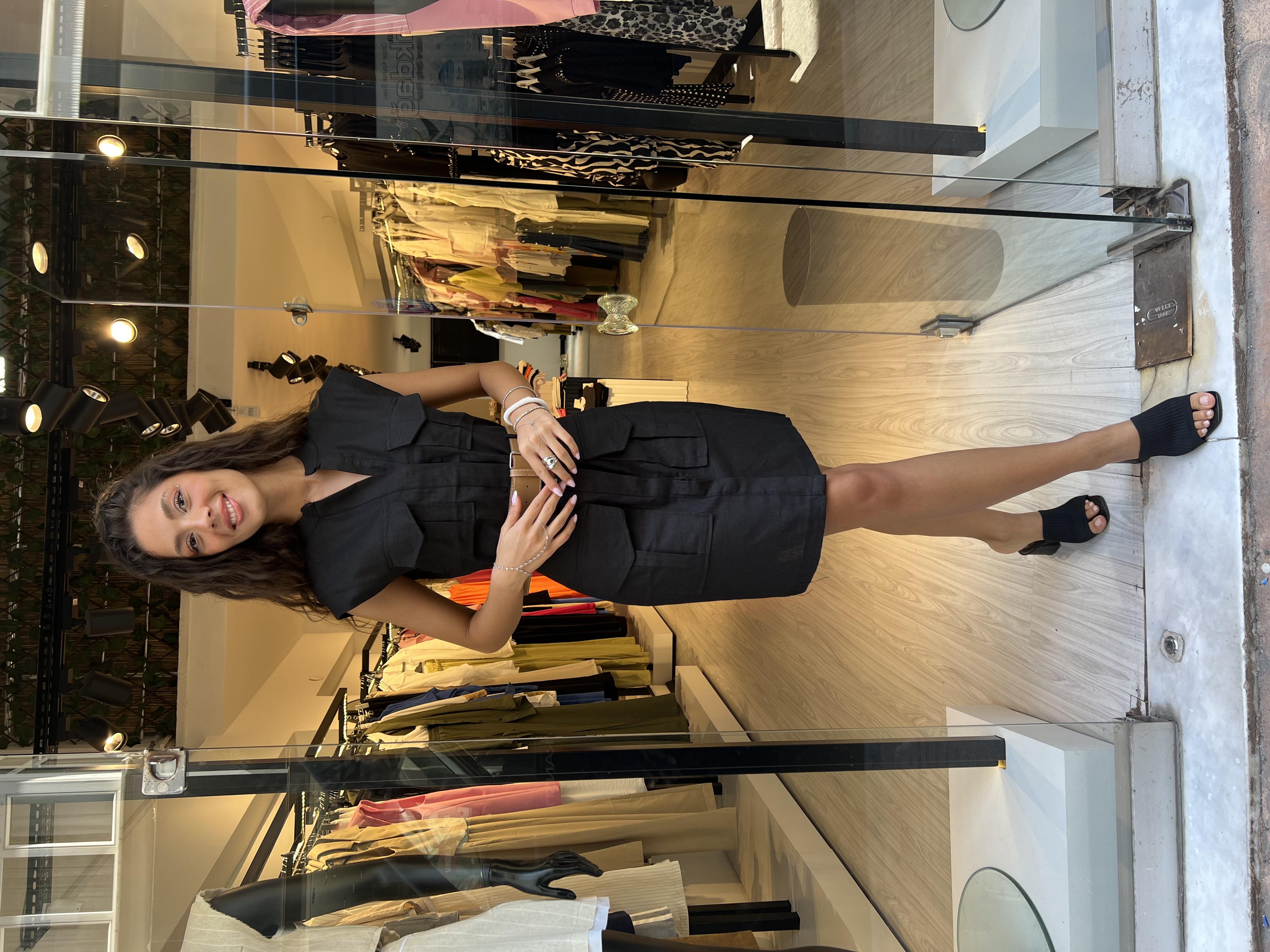 Flw Ham Keten Kemerli  Elbise-Siyah