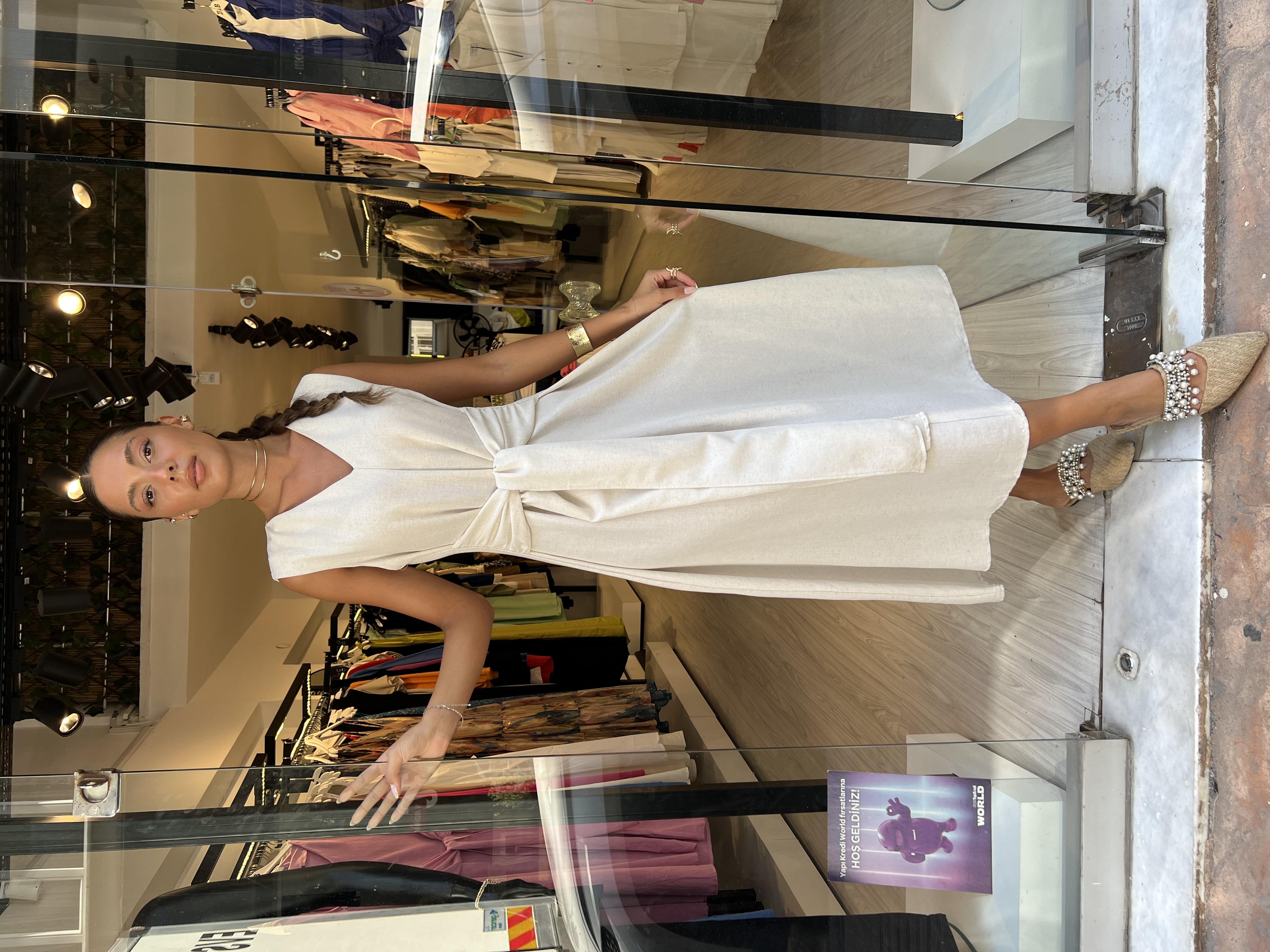 Önden Bağlamalı Keten Elbise-Taş 