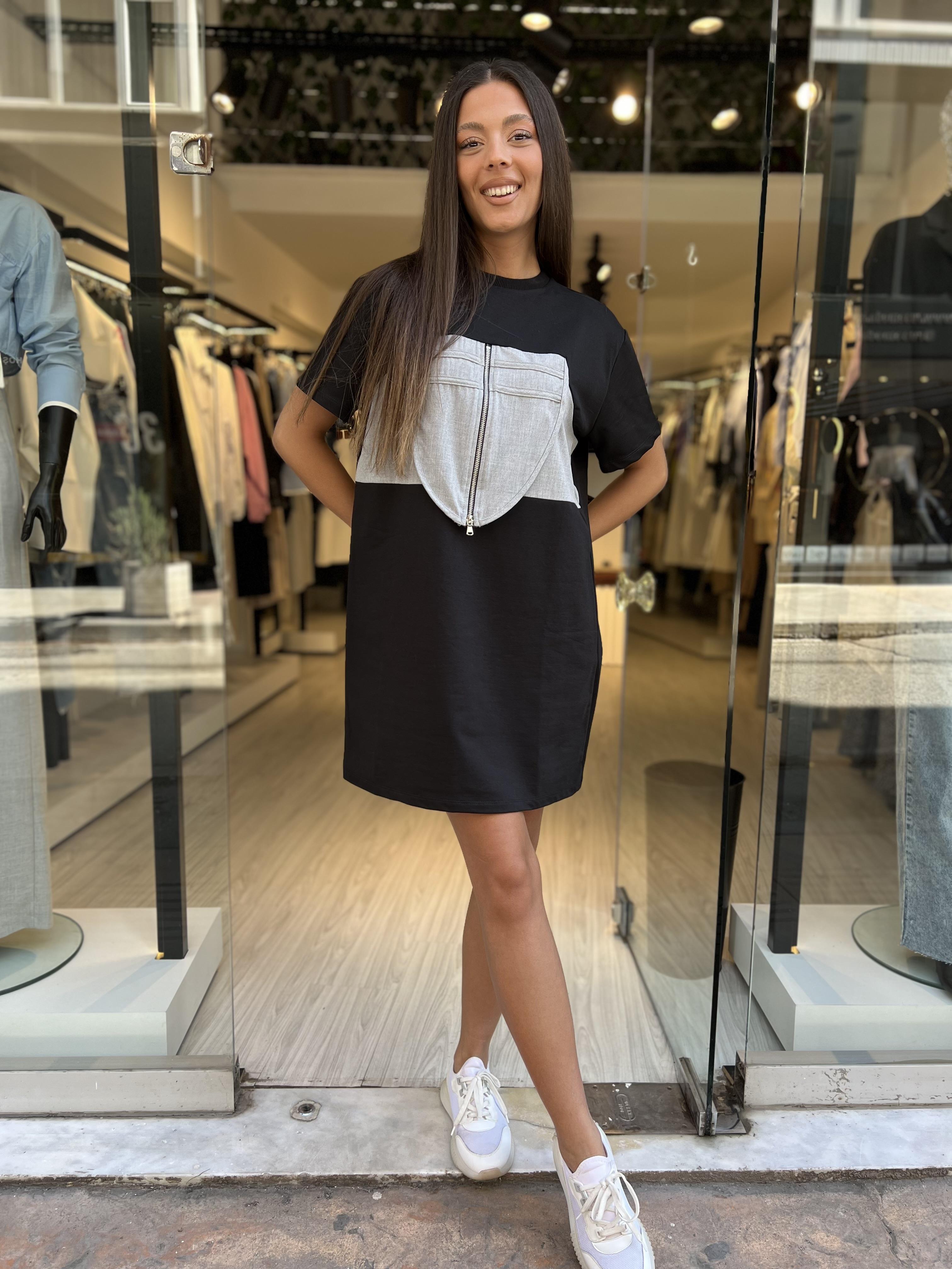 Önü Cep Detaylı Elbise-Siyah 