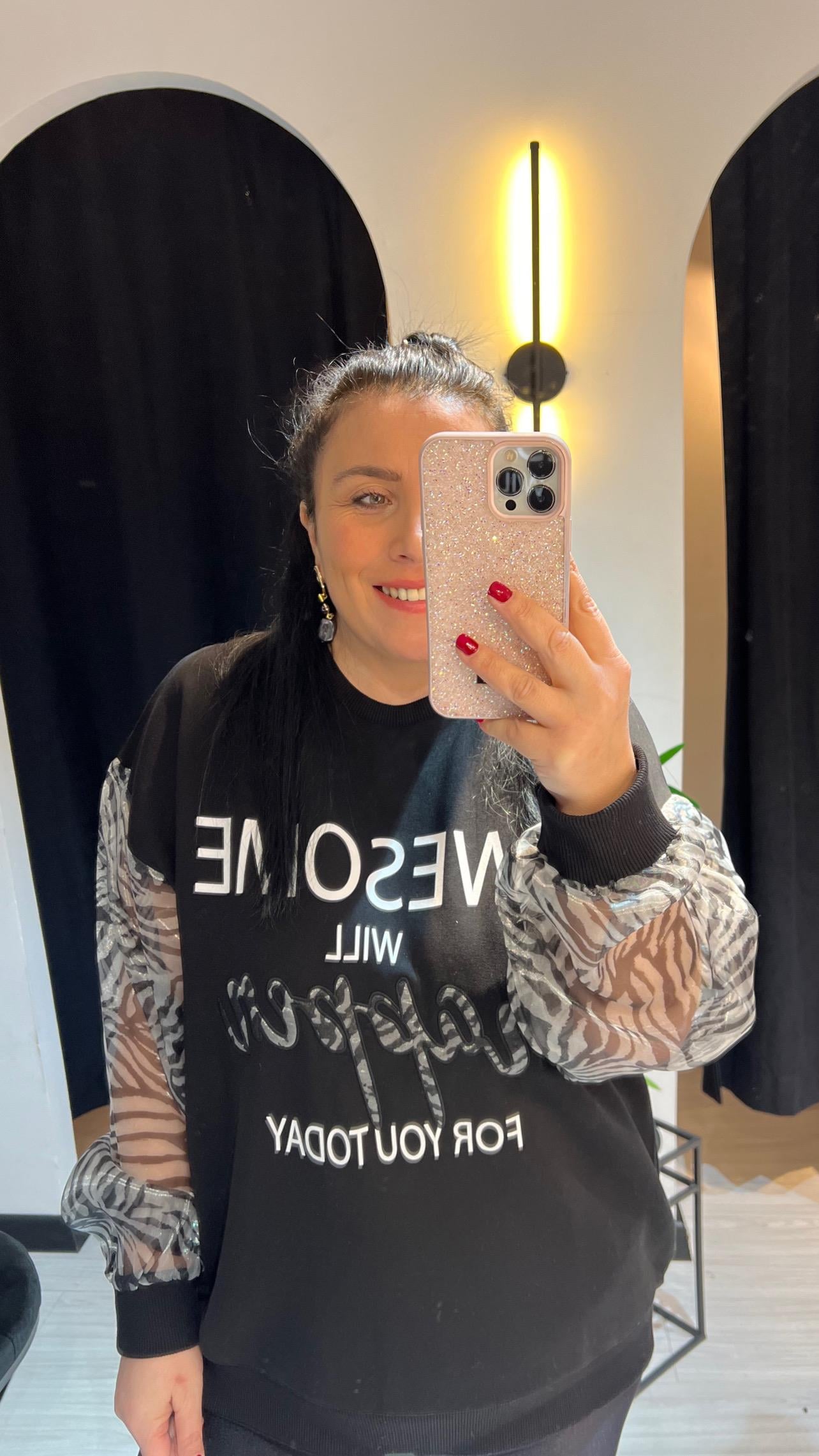 Q.Kol Leoparlı Sweat-Siyah