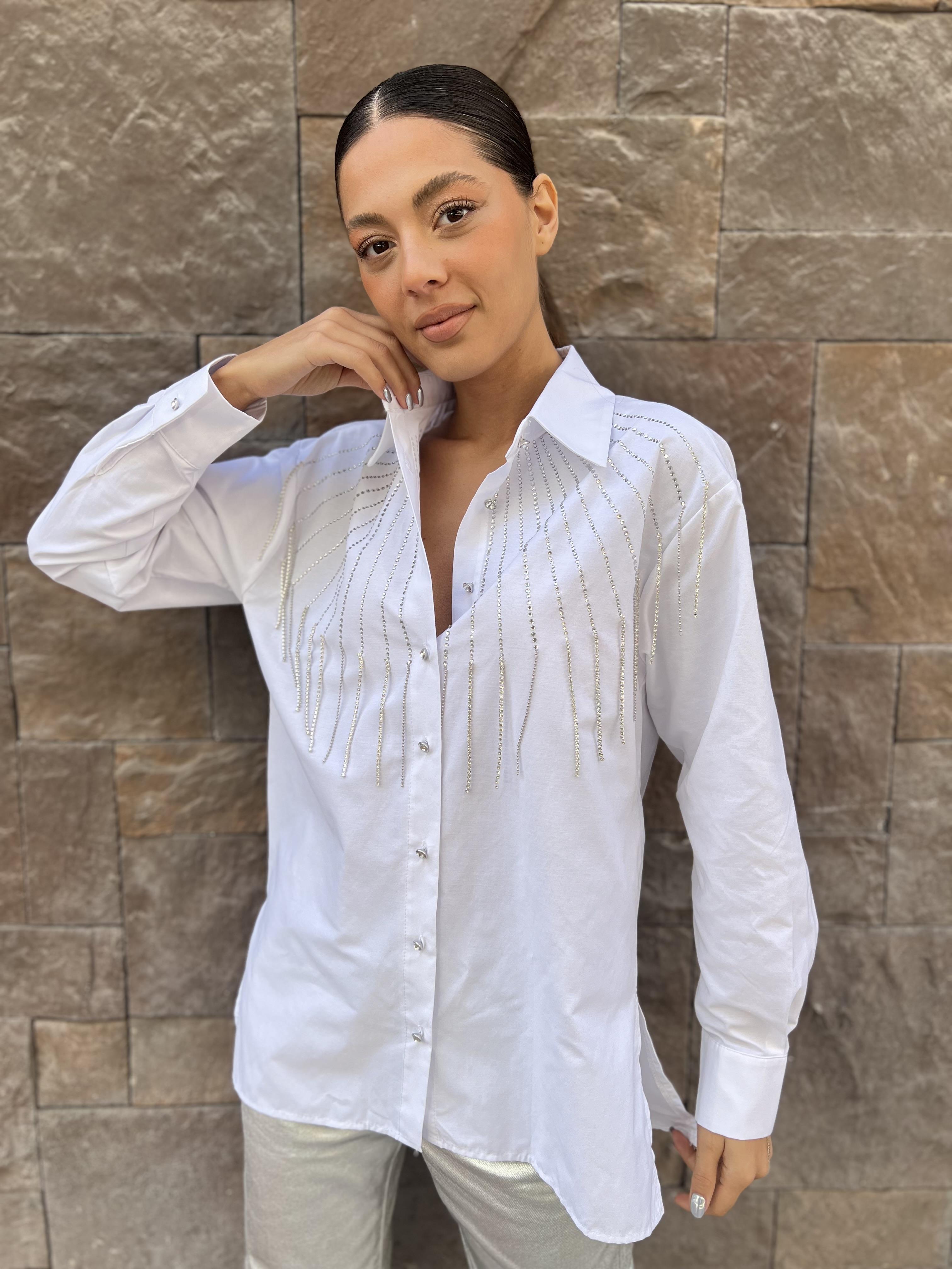 Q.Taş Detaylı Gömlek -Beyaz