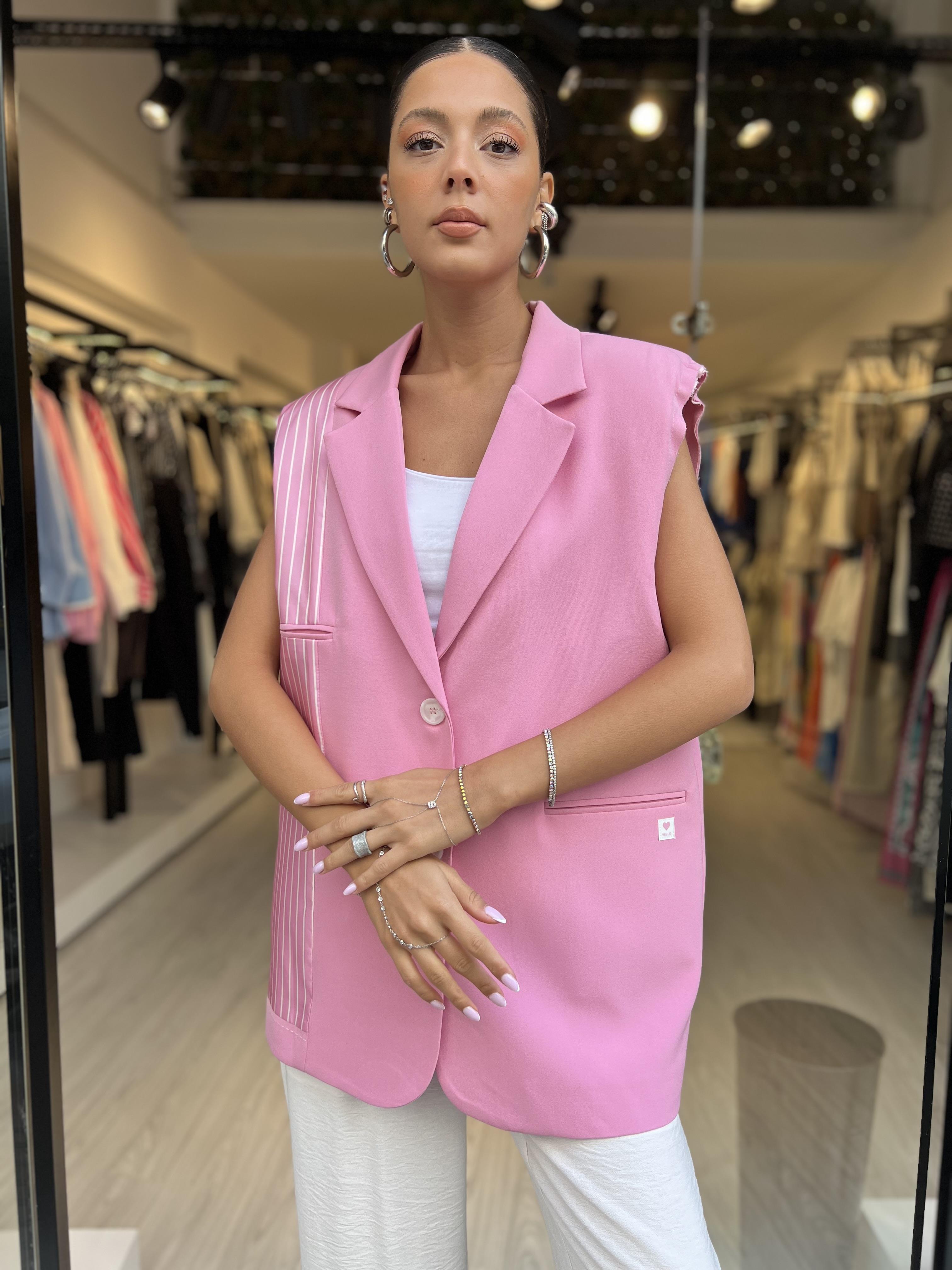 QÇizgi Detay Yelek-Pembe 