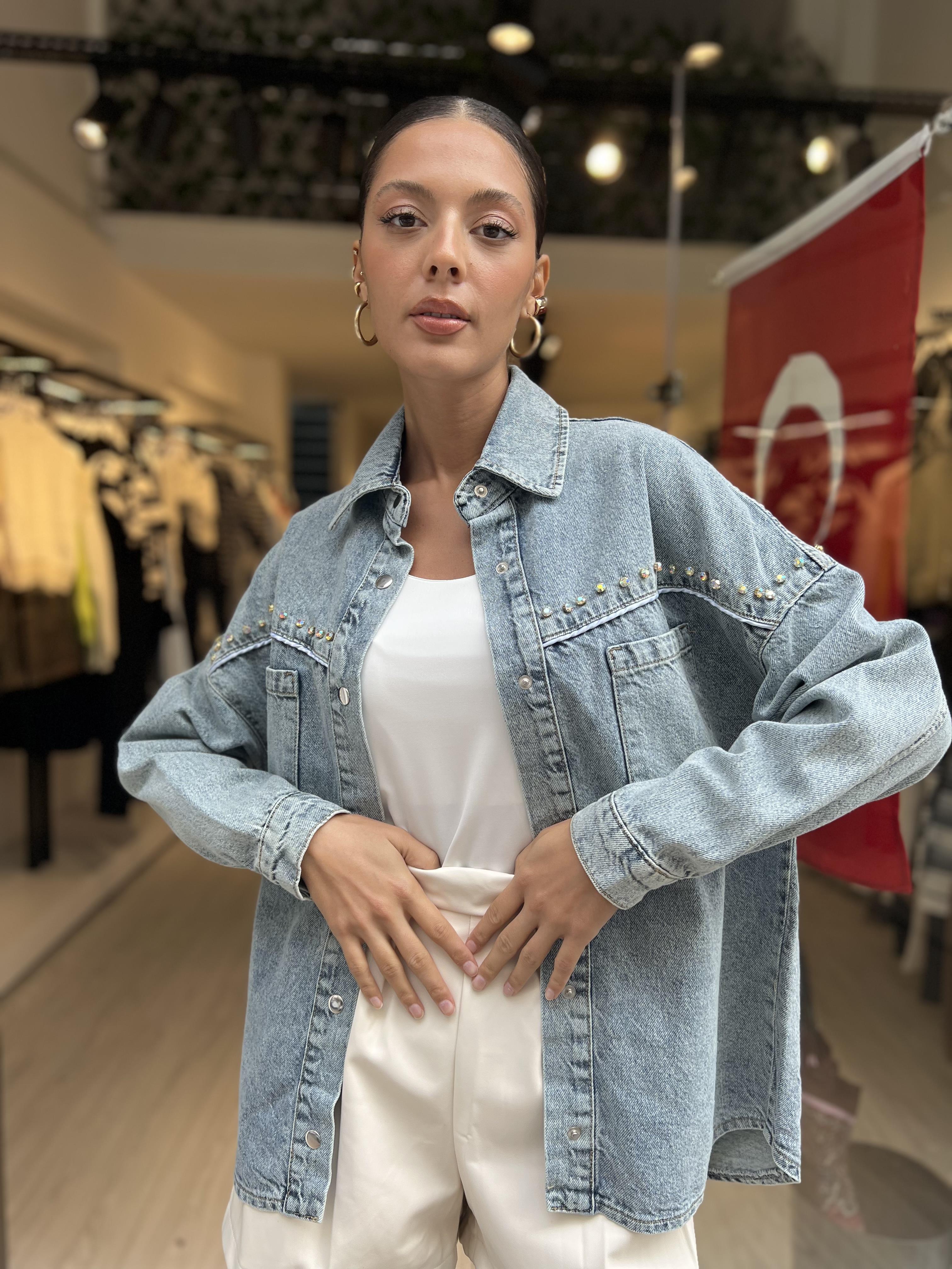 Taşlı Kot Gömlek-Mavi