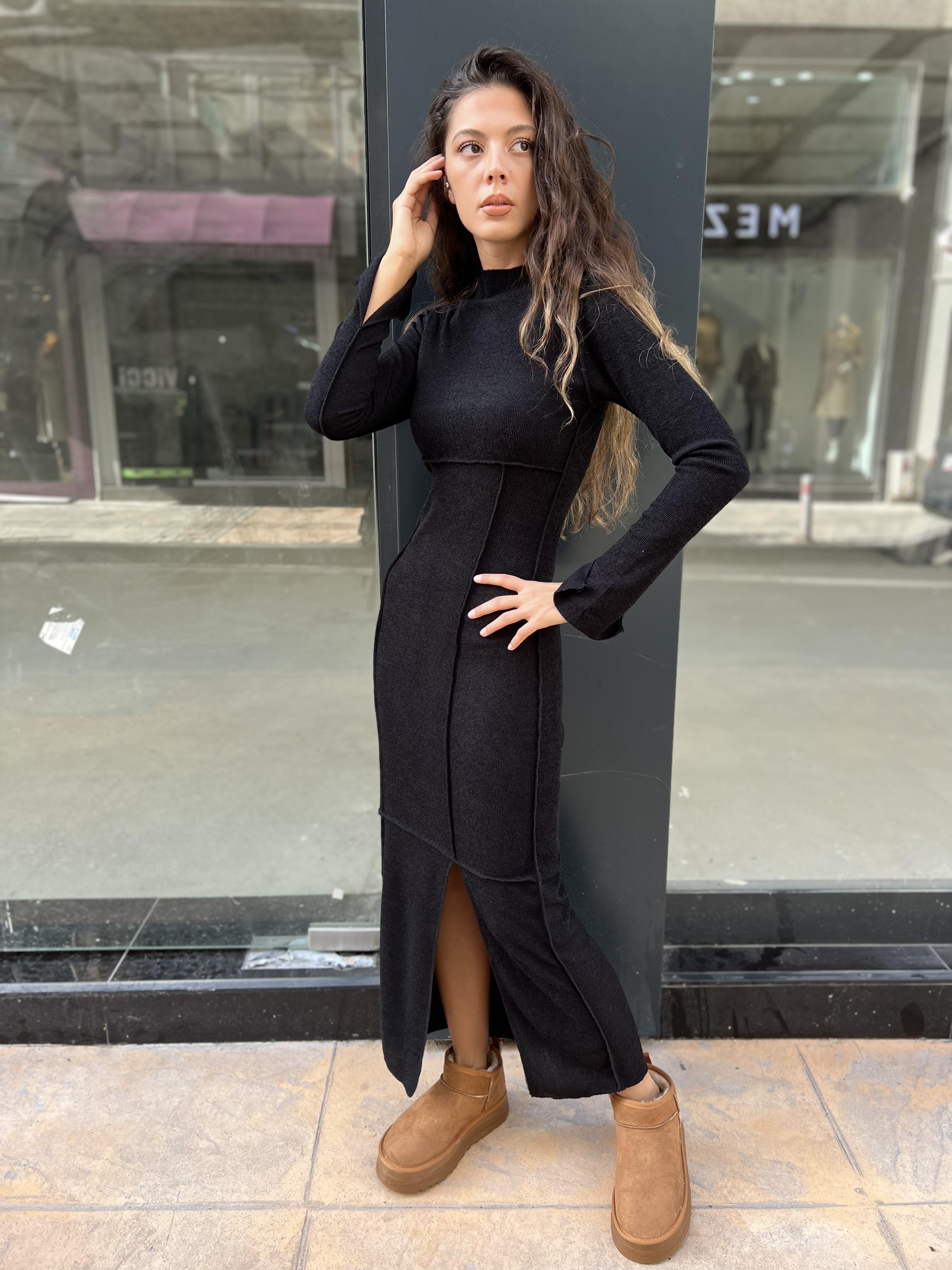 Ters Dikiş Triko Elbise-Siyah